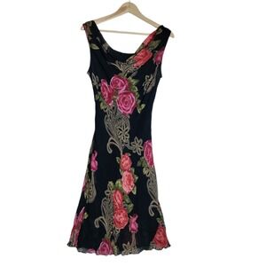 Eva Blue Vintage Y2k 90's Black Floral Midi Dress Sz 10 Petite Githic Chic